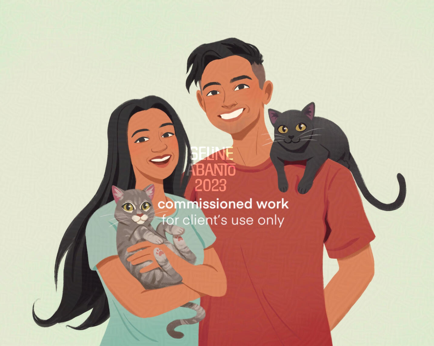 Digital art commission of a couple with their two cats