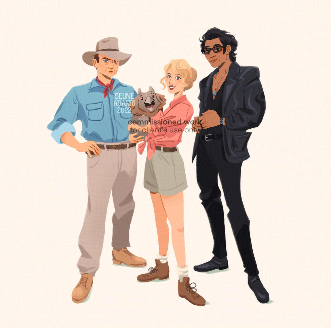 Digital art commission of Alan Grant, Ellie Sattler, and Ian Malcom with Ellie carrying a baby triceratops