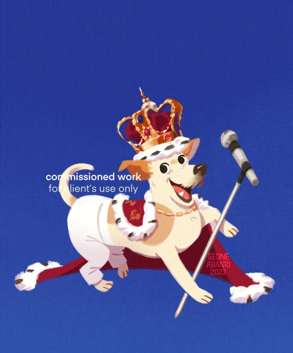 Digital art commission of a white dog wearing a king's crown and cape and holding a microphone