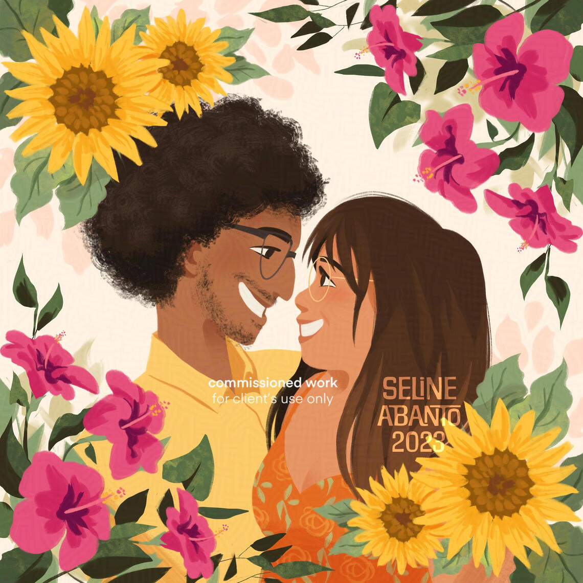 Digital art commission of a couple within a frame of hibiscus and sunflowers