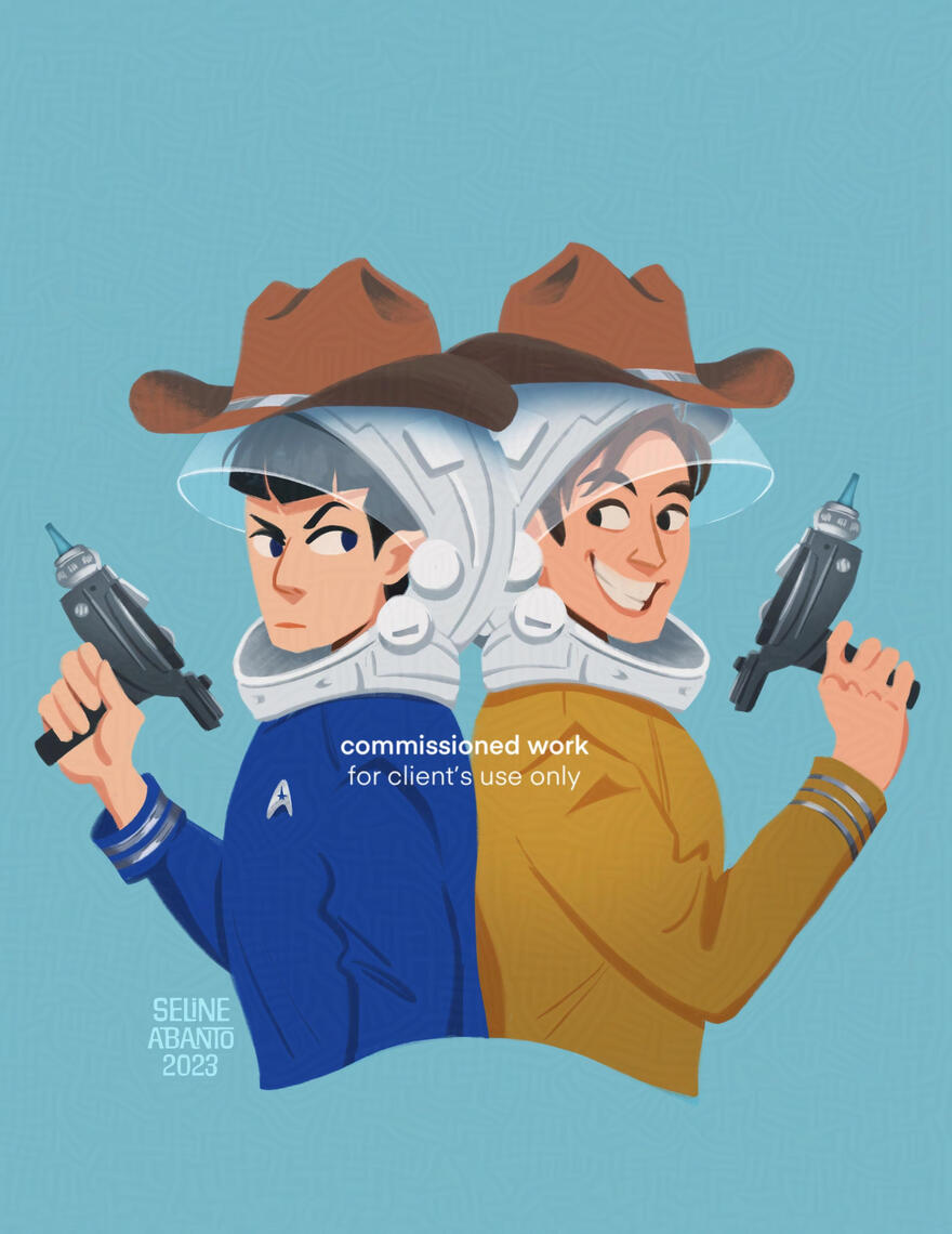 Digital art commission of Spock and Kirk from Star Trek wearing cowboy hats and astronaut helmets and carrying ray guns